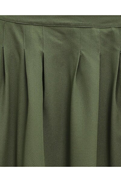 Modamorfo Pleated Crepe Skirt with Zipper Pocket - Khaki