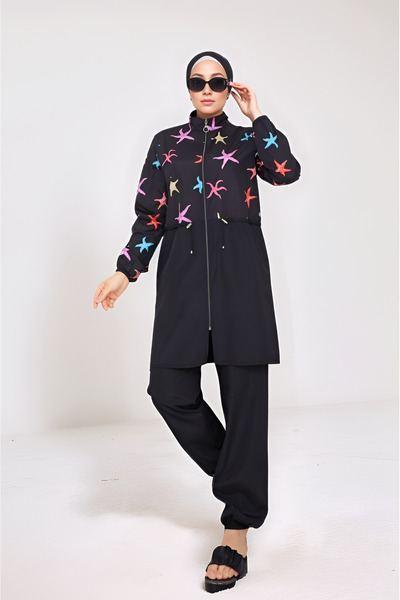 MSN Zippered Digital Printed Tie-Waist Hijab Swimsuit with Bonnet Gift