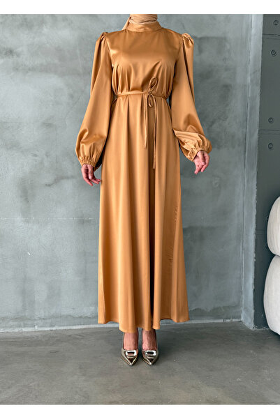 hacer ayaydın Μπαλόνι μανίκι Σατέν Hijab Oversize Piping ζωσμένο φόρεμα Hijab