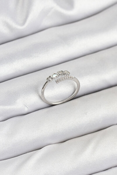 Nehir Brass Silver Color Heart Detailed Zircon Stone Women's Ring Valentine's Day Mother's Day Teachers Women's Gift