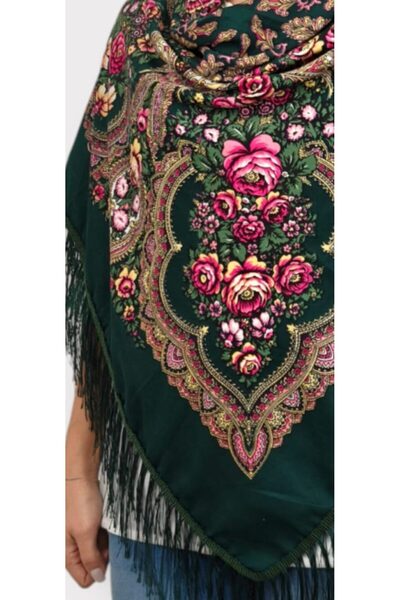 OMS Eșarfă verde cu franjuri 107×107 cm