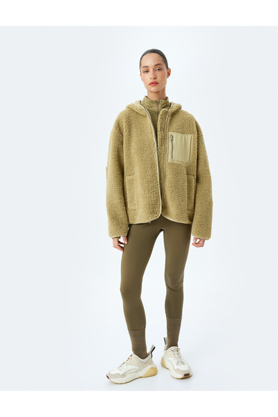 Koton Plush Jacket Oversize Zippered Hooded Pocket Detail