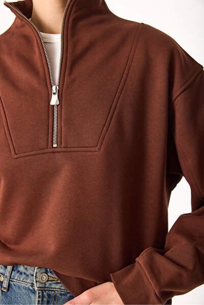 VENA Μπλουζάκι Marina με μισό φερμουάρ από βαμβάκι-Καφέ