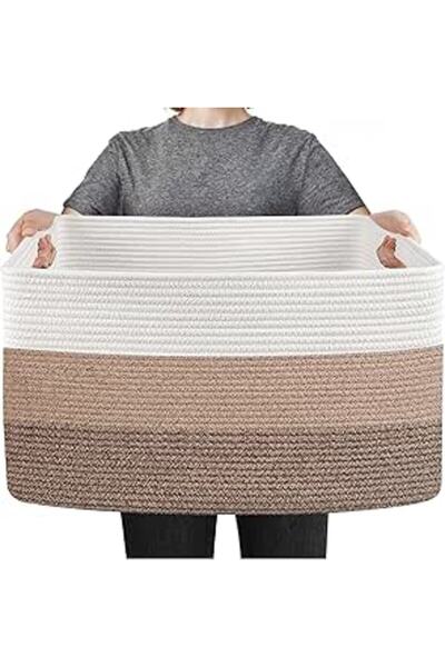 Generic Woven Cotton Rope Laundry Storage Basket with Handles, Round Hamper for Pillow, Clothes, Blanket,Toy