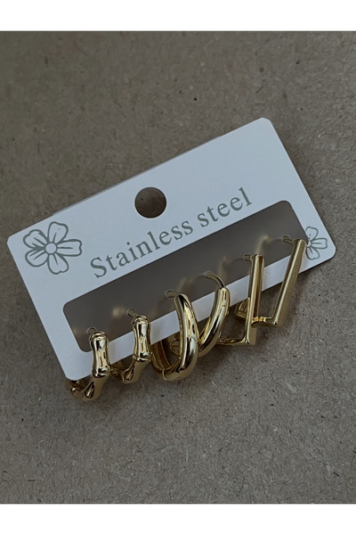 ARLİNA Üçlü Çelik Gold Küpe Seti