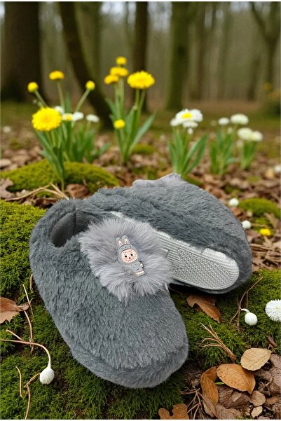 ALTUNTAŞ Kız - Erkek Labubu Baskılı Kışlık Mevsimlik Peluş Ev İçi Kaymaz Panduf Gri