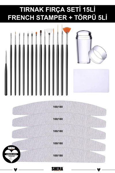 Shena Nail Profesyonel Kağıt Törpü 100/180 5 Adet + Nail Art Fırça Seti 15 Ad...