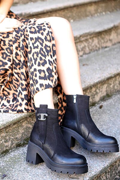 Venüs 1311 Genuine Leather Serrated Non-Slip Rubber Sole Thick Heeled Boots