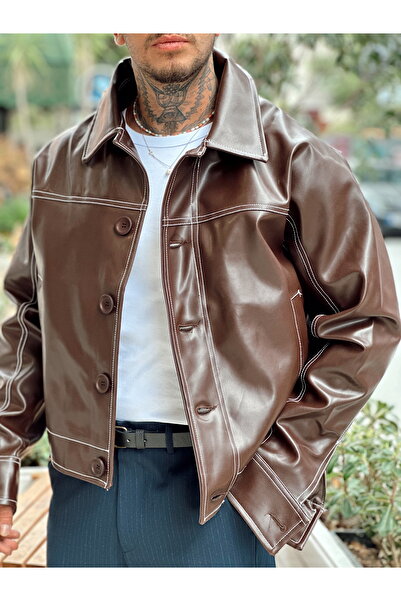 manch collection Ρετρό Δερμάτινο Μπουφάν Καφέ