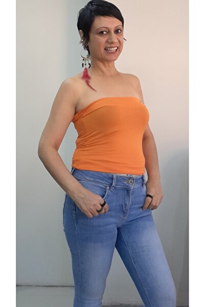 Mertcan Butik Orange Long Length Badi Tank Top Strapless T-Shirt