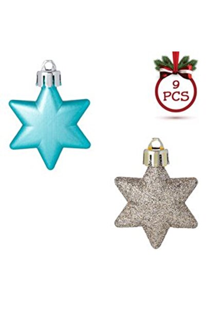 Silver Star Set of Christmas Tree Ornaments - Turquoise Matte & Shiny Beige Glitter Stars, 5 cm, 9 pcs