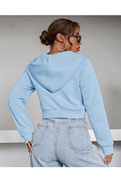 LOUİSA Cardigan crop cu glugă și fermoar, 2 piese, albastru-bebe-negru, pentru femei, cu 2 fire