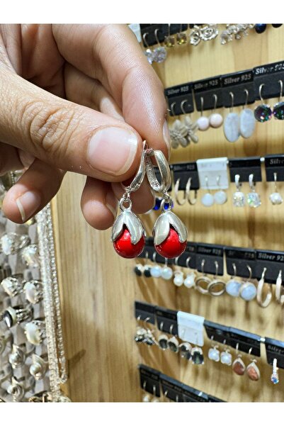 hayaltasari Doğal Mercan Taşlı Top Model Gümüş Küpe 925 Ayar