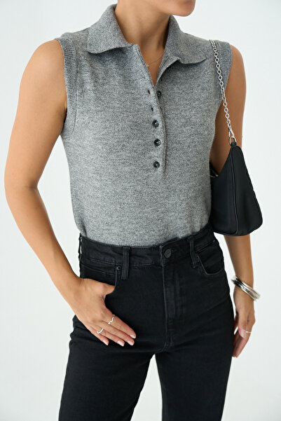 LOOSH Kadın Gri Yakalı Düğme Detaylı Süveter