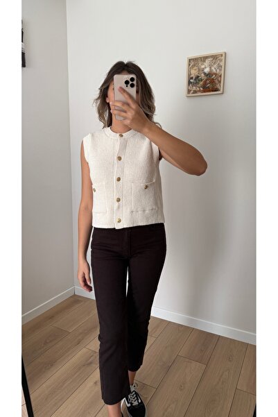 TUSİVA STORE Gold Düğmeli Triko Yelek