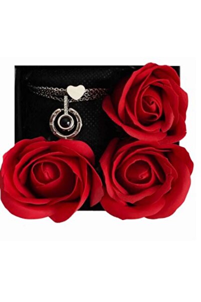 KESNUP Set format dintr-o cutie cu 3 trandafiri de săpun, un colier și o brățară, Argint