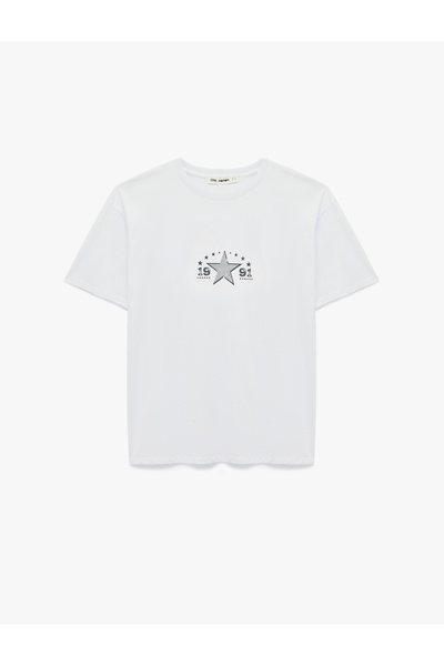 Koton Βαμβακερό μπλουζάκι με κοντό μανίκι με λαιμόκοψη με άνετη εφαρμογή