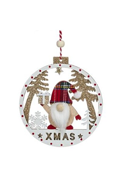 Jumbo Ornament Brad de Craciun Glob din Lemn Alb Figurina Gnome Glitter Bej XMAS 11 cm