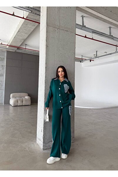 maf collection Women's Green Pearl Detail Denim Knitwear Set