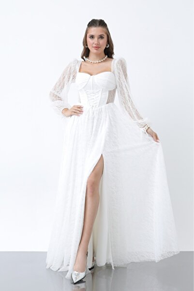 zoezoe Daliya-Ekstra Dar Klalıp Dantelli Balon Kol Korseli Önü Yırtmaçlı Abiye Siyah