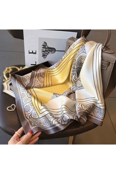Accessories Hei Gray Yellow Patterned Stylish Silk Look Square Scarf Foulard Women's Accessory