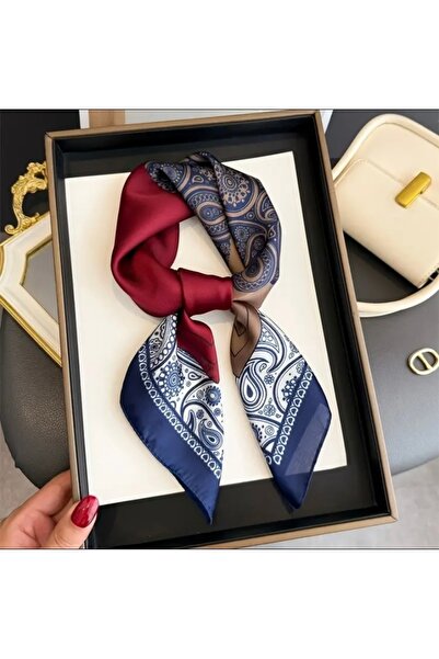 Accessories وشاح مربع أنيق بنمط حريري بلون أزرق داكن وأحمر كلاريت، إكسسوار نسائي