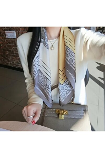 Accessories Hei Gray Yellow Patterned Stylish Silk Look Square Scarf Foulard Women's Accessory