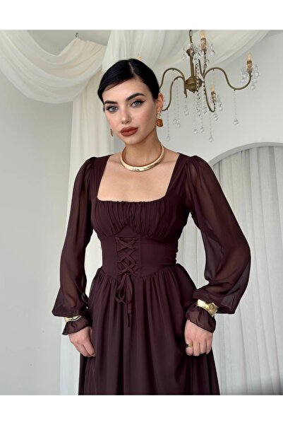 Afiş Butik Kahverengi Şifon Kare Yaka Bağcıklı Uzun Elbise