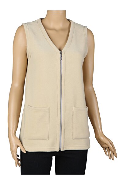 Giyimde Evrim Kadın Bej V Yaka Polar Yelek