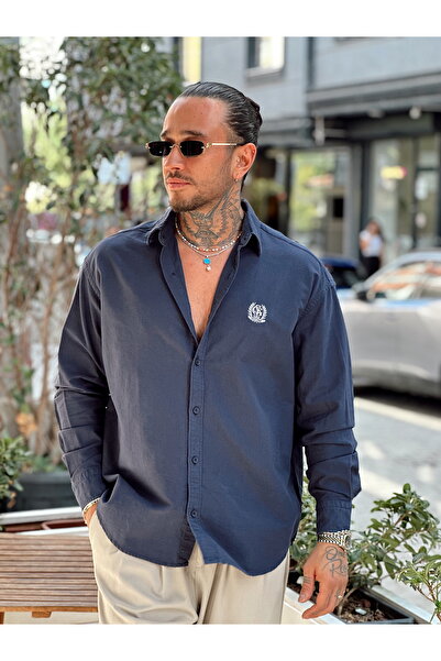 manch collection Πουκάμισο Oxford με κέντημα στο στήθος σε μπλε ναυτικό