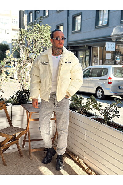 manch collection Oversize Göğüs Ve Sırt Nakışlı Şişme Mont Ekru