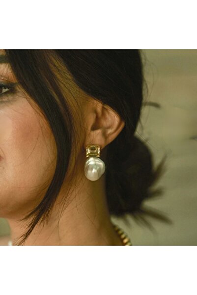 ByNeval 925 Ayar Gümüş 14 Ayar Altın Kaplama Barok İnci Küpe | Dikdörtgen Tas...