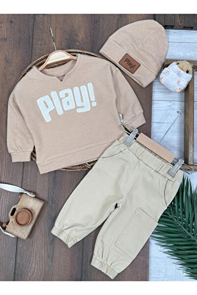 ADDA Embroidered Printed Sweatshirt Canvas Pants Beret 3-Piece Baby Boy Set