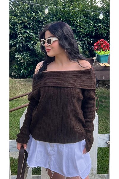 Butik KAHVERENGİ MADONNA YAKA TRİKO BLUZ