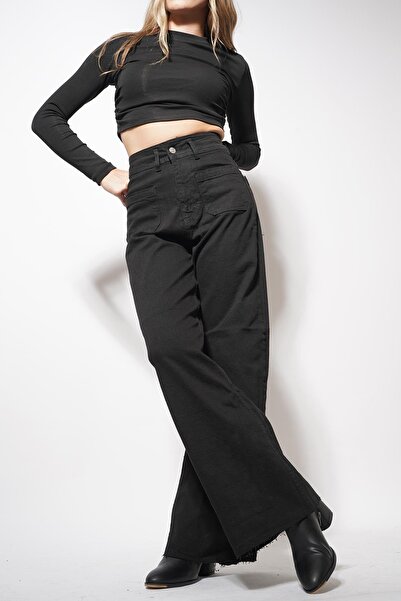 Pafi Moda Pantaloni Vare tiv nefinisat cu buzunar din spate negri