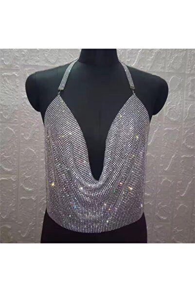 KESNUP Metallic mesh tank top with crystals, crop top with bare back, Silver