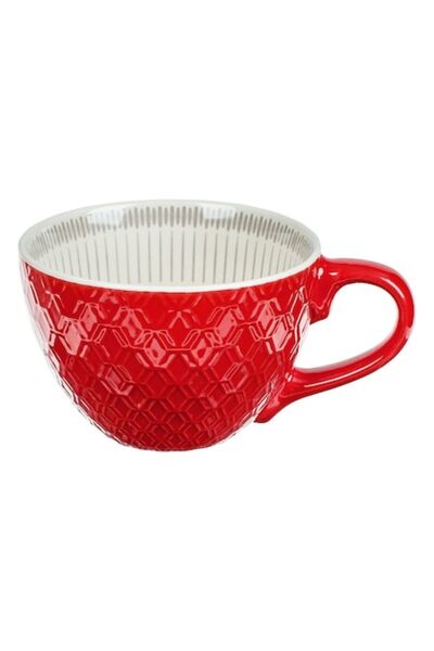 SHOPIENS Овална керамична червена чаша Shopiens®, релефен ромб и сиви линии в...