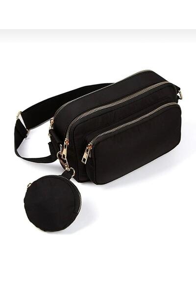 eranora Samilon Kadın Siyah Paraşüt Kumaş Mini Cüzdanlı Ayarlanabilir Askı Omuz Çantası