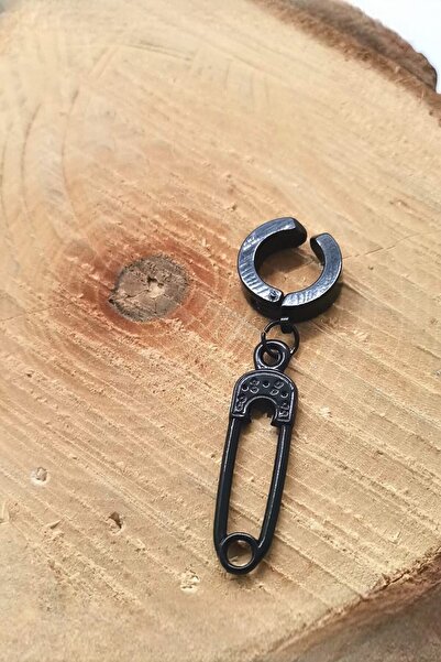 Lynare Sıkıştırmalı Deliksiz Çatallı İğne Figürlü Sallantılı Erkek Kadın Unisex Çelik Siyah Küpe 1 Adet