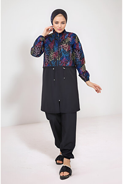 MSN Zippered Digital Printed Tie-Waist Hijab Swimsuit with Bonnet Gift - Colorful