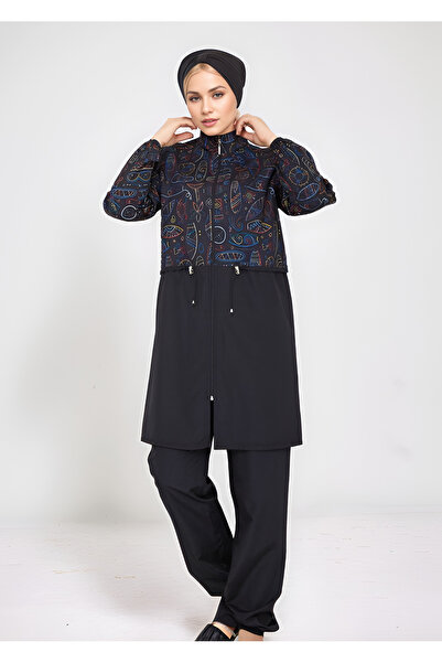 MSN WellWay Waist Tie Zippered Digital Print Modest Swimsuit - Cap Gift - Pink