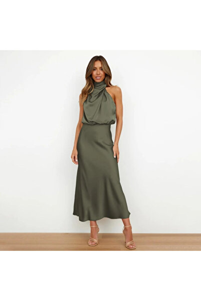 OEM Rochie elegantă lungă peste genunchi, fără mâneci, verde militar, mărimea S