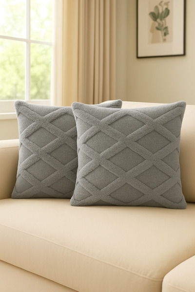 Shadro Textile 2-Piece Furry and Patterned Throw Pillow Cover |   45X45 cm Stylish and Comfortable Decorative Pillow