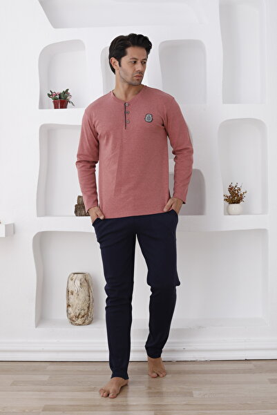 Lohussa Men's Long Sleeve Thick Winter Buttoned Pocketed Paca 100% Cotton Pajama Set