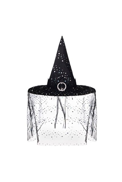 OEM Black Witch Hat Silver Veil Polka Dots