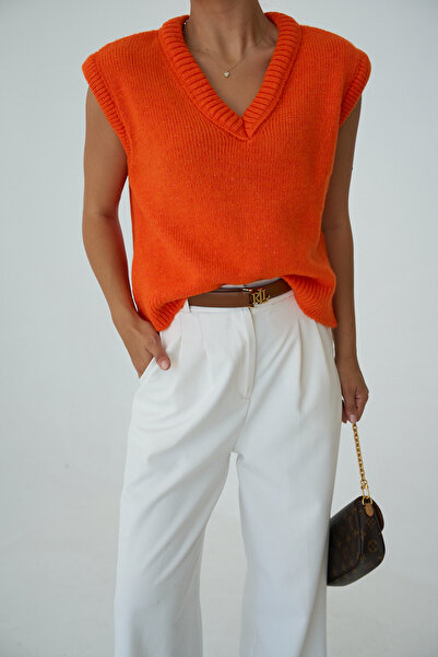 LOOSH Kadın V Yaka Fitilli Kenarlı Kolsuz Süveter