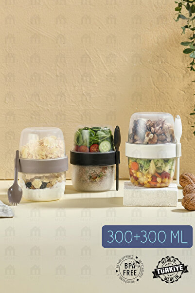 MUF HOME Diet and Yogurt Container with Spoon and Fork Oatmeal Muesli Snack Diet Storage Container (300ml + 300ml)