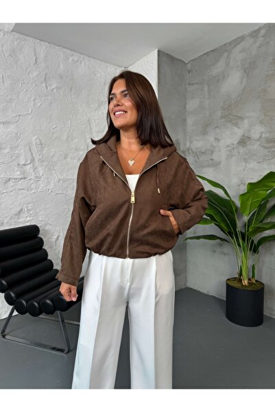 Elif Özbey Butik Brown Zr Model Hooded Suede Jacket