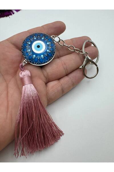 Herşey Nota Ecru Tassel Keychain with Evil Eye Figure – Elegant and Protective Gift Design