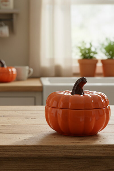 Minole وعاء تخزين مصنوع يدويًا من السيراميك البرتقالي على شكل يقطين، مكون من قطعتين، مزخرف - بمقبض بني